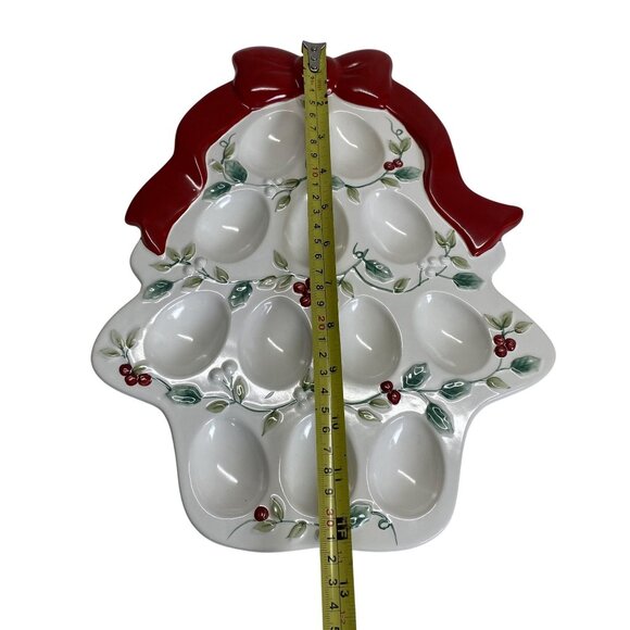 Winterberry Pfaltzgraff Christmas Tree Ceramic Deviled Egg Plate With Holly & Bo - Picture 3 of 6